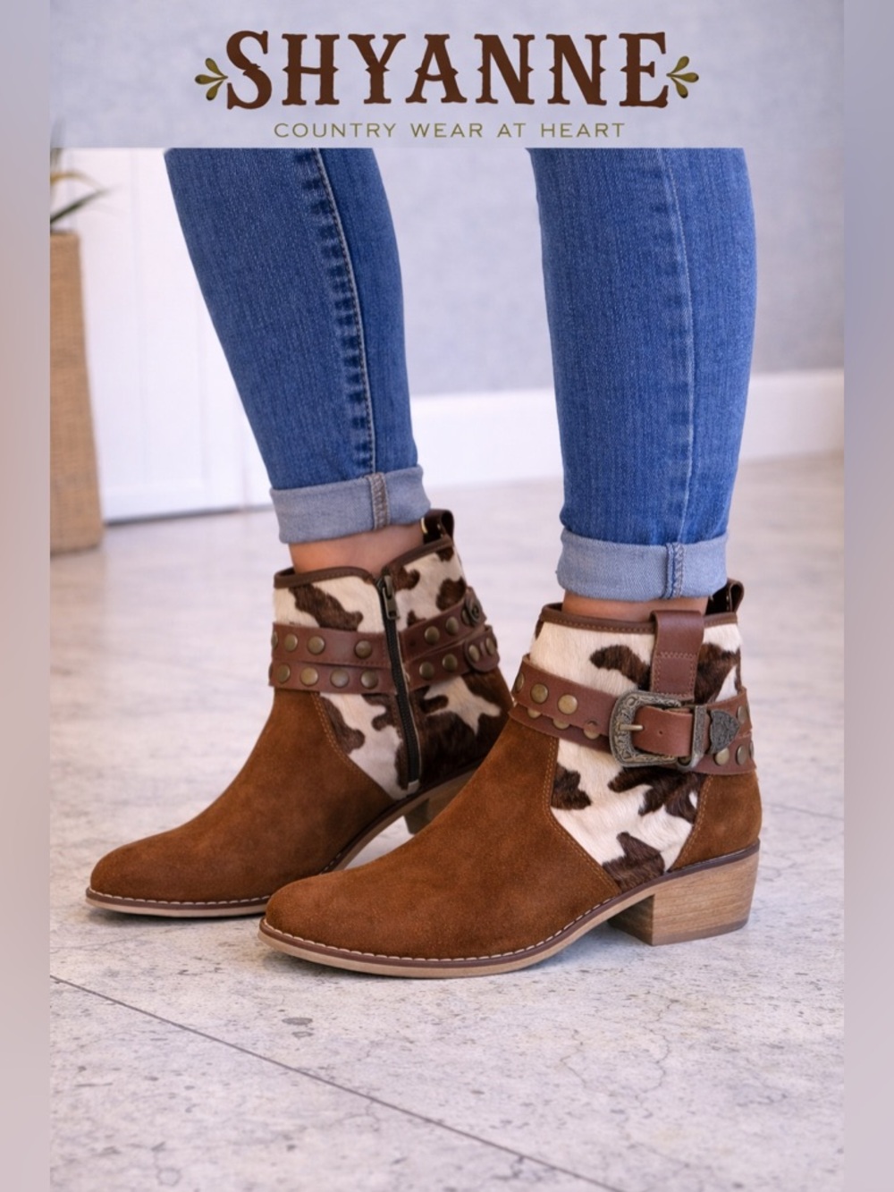 Shyanne Chestnut Brown Suede Ankle Boots with Cowhide Studded Strap